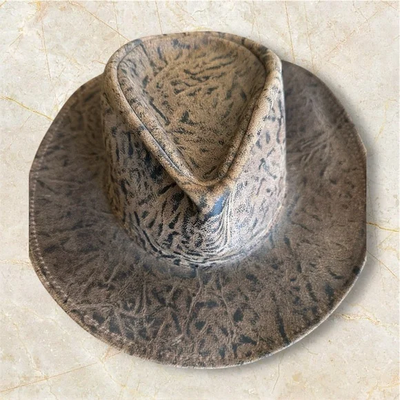 Leather henschel hat sz LG woman’s brown embossed faux buffaloe hide - Picture 5 of 10